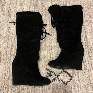 BAMBOO Black Faux Suede Wedge Knee-High Boots with Lace-Up Detail